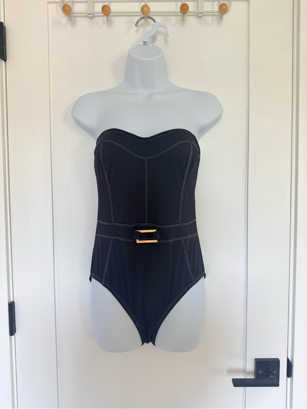 Strapless Black One-Piece Swimsuit with Gold Buckle
